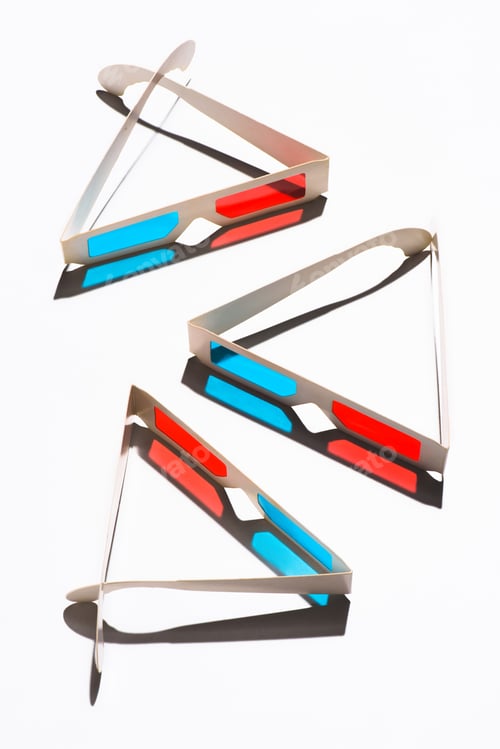 Preview: top view of arranged 3d glasses on white tabletop