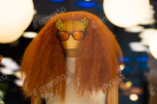 Preview: Wooden Doll Mannequin with Red Hair and Sunglasses