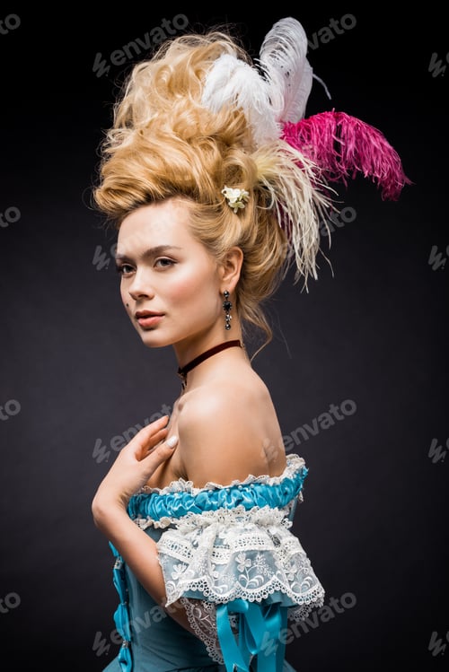 Preview: elegant and attractive victorian woman with feathers in wig on black