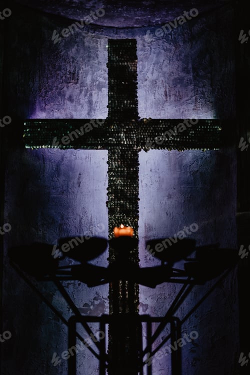 Preview: candle in the shadows / religion / grief / cross / church / purple color