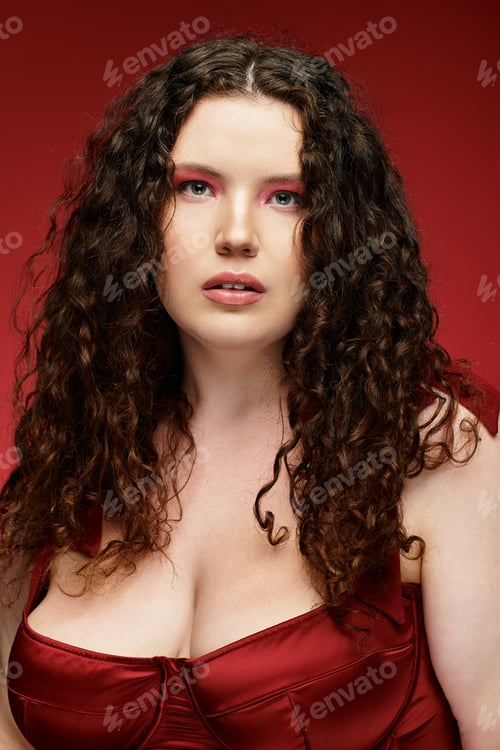 Preview: Stylish young woman with curly hair striking a confident pose against a vibrant backdrop