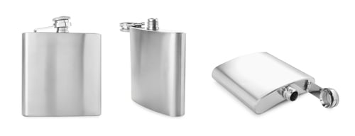 Preview: Hip flask isolated on white, collage. Different sides