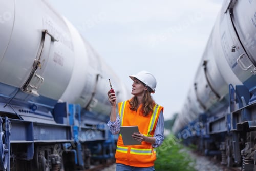 Preview: A female railway worker holds walkie-talkie signaling communication