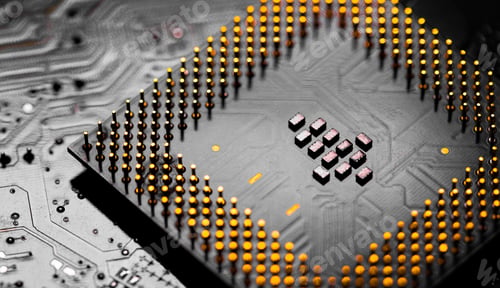 Preview: Close up of microchips and pins on Main CPU PC processor circuit