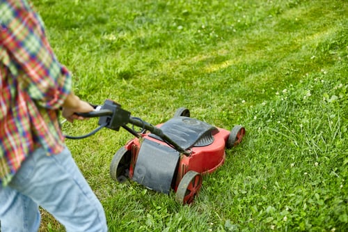 Preview: unrecognizable Woman mows the lawn with a lawn mower grass at home garden, gardener woman working