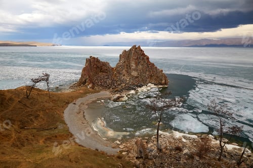 Preview: Cape Burhan or Shamanka Rock on a cloudy spring day, Olkhon Island.