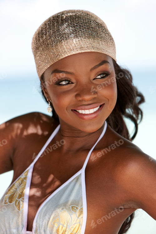 Preview: Beautiful Black Woman Portrait In A Bikini At The Beach Smiling