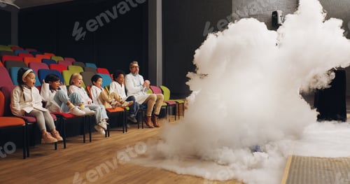 Preview: Chemistry, science and smoke with students and classroom with biotechnology and physics test. Scien