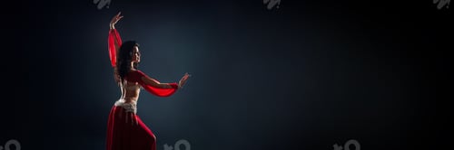Preview: Elegant Belly Dancer in Red, Wide Banner with Copy Space