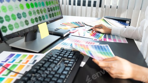 Preview: creative graphic designer choosing color scale for editing artwork while working in office.