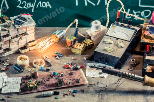 Preview: Electronics workshop in physics lab on old wooden table
