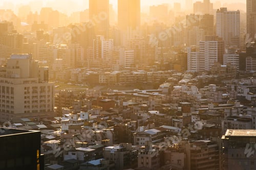 Preview: View Of Buildings In Haze At Sunset, From Elephant Mountain, In Taipei, Taiwan.