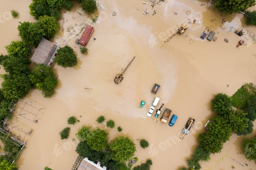 Preview: Aerial view of cars flooded with rain water.