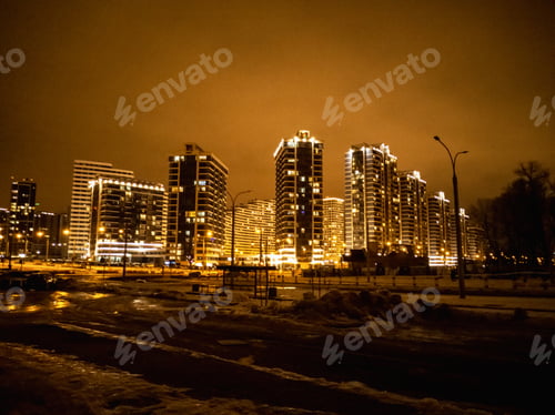 Preview: Minsk, Belarus-March 2022: Night cityscape. View of the residential complex Minsk-Mir.