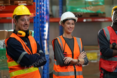 Preview: Warehouse Industrial supply chain and Logistics Companies inside. Warehouse workers checking the inv
