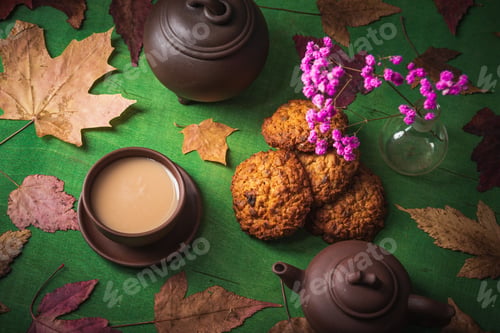 Preview: Still Life- Autumn Motif. Breakfast- Cup Of Coffee Is On The Table. Set Of Dishes And Sweets