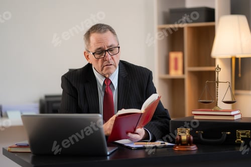 Preview: Serious pensive lawyer working at desk in office.