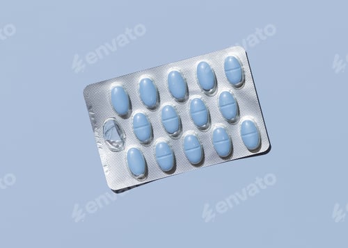 Preview: Blue pills in blister with one missing pill already used on blue top view. Medicine and healthcare