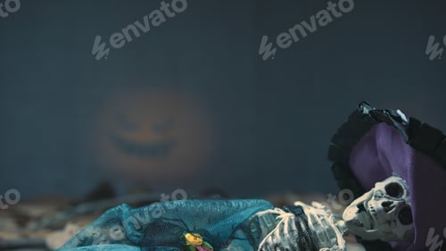 Preview: Glowing Pumpkin Halloween over curtains And Copy Space