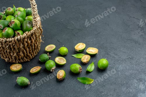 Preview: front view fresh feijoas in basket on dark background free space