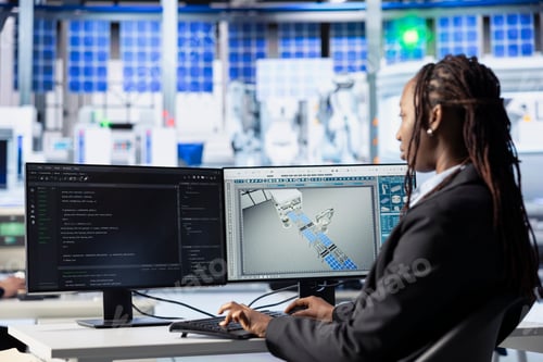 Preview: Programmer typing code on PC in photovoltaics production facility