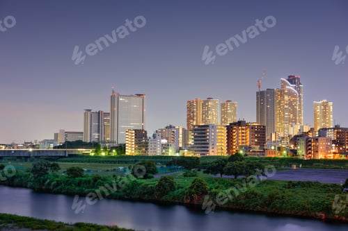 Preview: Kawasaki, Japan skyline on the Tamagawa River