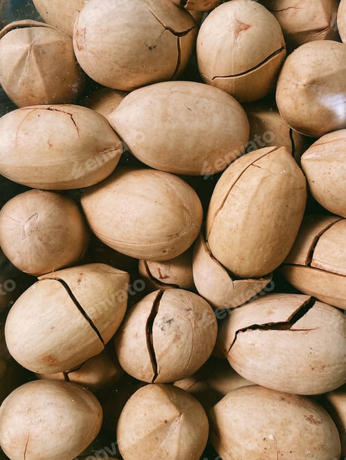Preview: Pecans. Nuts from above. Flat lay food. Walnut. Pekan. Vegan food. Closeup. Healthy and yummy.