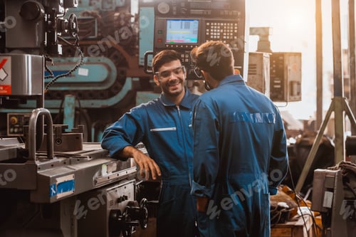 Preview: The Industry worker wearing safety uniform, glass and ear phone control operating lathe grinding mac