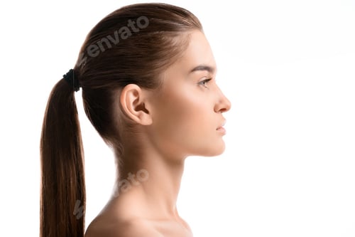 Preview: Woman in Profile with Brown Ponytail Hairstyle
