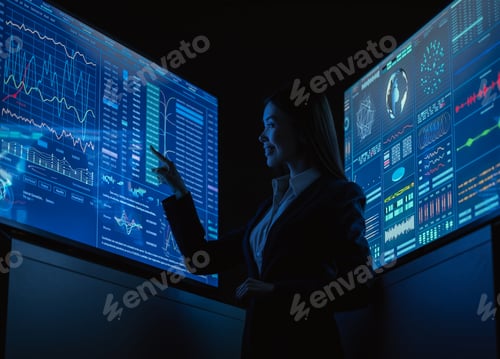 Preview: The business lady standing between blue monitors in the dark office.