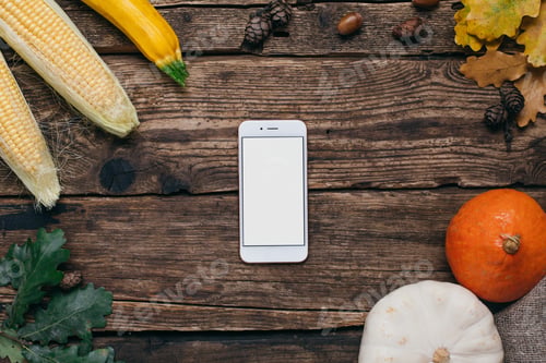 Preview: mobile phone with white empty screen, pumpkins and corn with yellow leaves on a wooden background