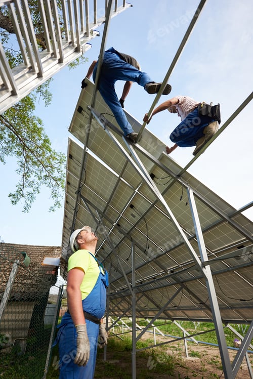 Preview: Stand-alone exterior solar panel system installation, renewable green energy generation concept.