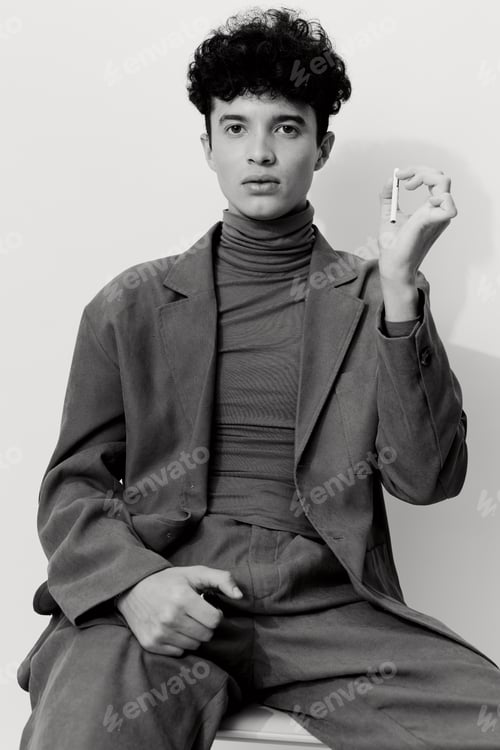 Preview: Man black clothes white student background and sitting smoking cigarette fashion smiling portrait
