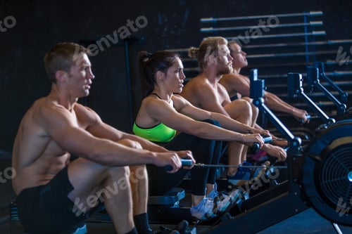 Preview: Group of people exercising in gymnasium, using rowing machines