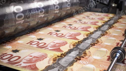 Preview: Printing money canadian dollar bills on a print machine in typography.