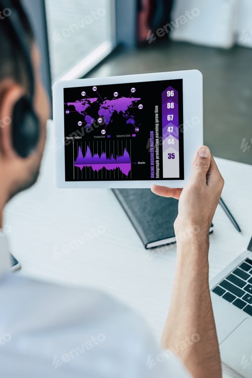 Preview: selective focus of call center operator holding digital tablet with marketing infographics on screen