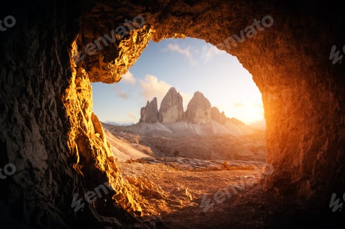Preview: View from the cave in mountain against Three peaks of Lavaredo