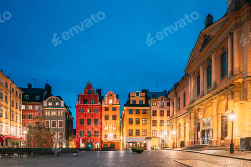 Preview: Stockholm, Sweden. Famous Old Colorful Houses, Swedish Academy and Nobel Museum In Old Square