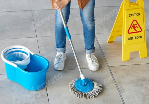 Preview: Floor mopping, cleaning sign and mop bucket with water and woman doing safety and hygiene work. Wel