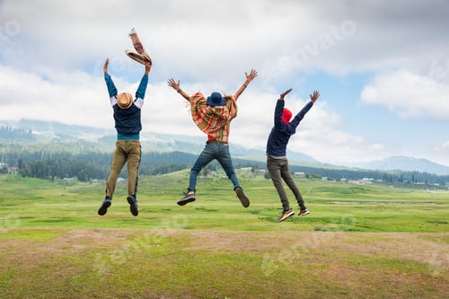 Preview: Three young man jumping on meadow