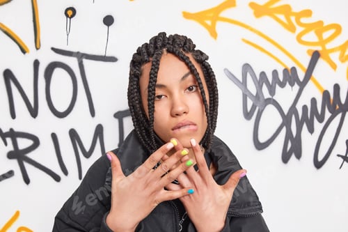 Preview: Self confindent cool teenager looks seriously at camera raises hands bites lips has dreadlocks hairs