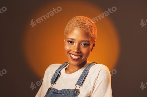 Preview: Portrait, gen z and black woman with smile, fashion and confident girl against brown studio backgro