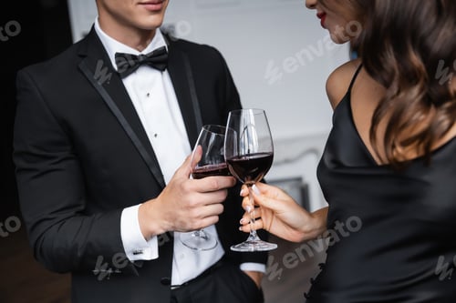 Preview: Cropped view of elegant couple toasting with wine at home