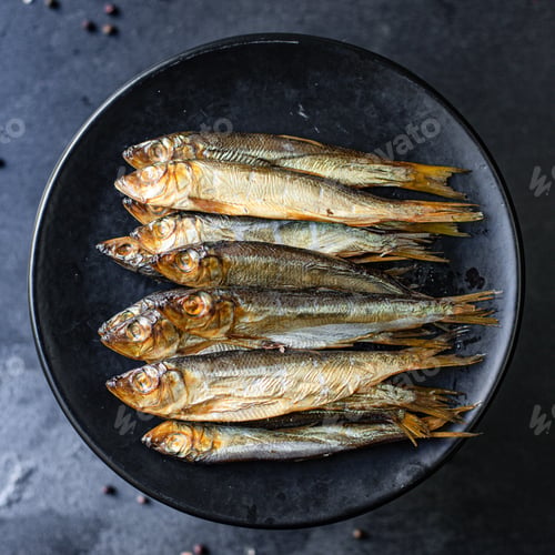 Preview: Fish Sardine Sprats Smoked Or Salted Seafood Mackerel Omega-3 On The Table Tasty Top View Copy