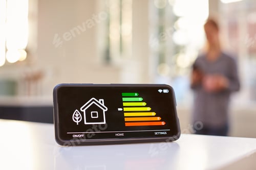 Preview: Smart Energy Meter In Kitchen Measuring Energy Efficiency With Figure In Background