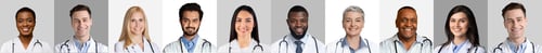 Preview: Row Of Multicultural Doctors Portraits, Gray And White Backgrounds, Collage