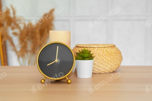 Preview: Close up of vintage alarm clock on wooden table