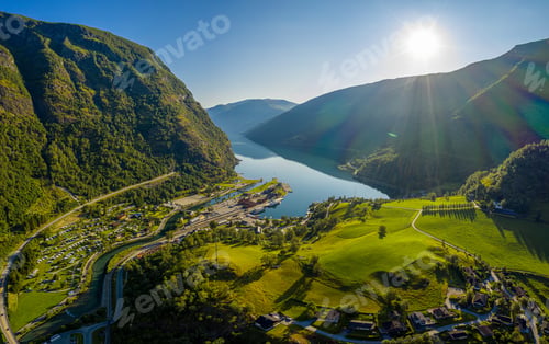 Preview: Aurlandsfjord Town Of Flam at dawn.