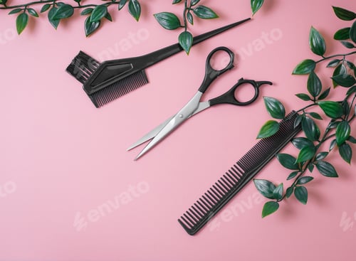 Preview: Tools hairdresser with a plant on a pink background.
