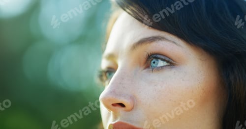 Preview: Nature, thinking and face of woman in park for relaxing, remember and reflection outdoors. Garden,